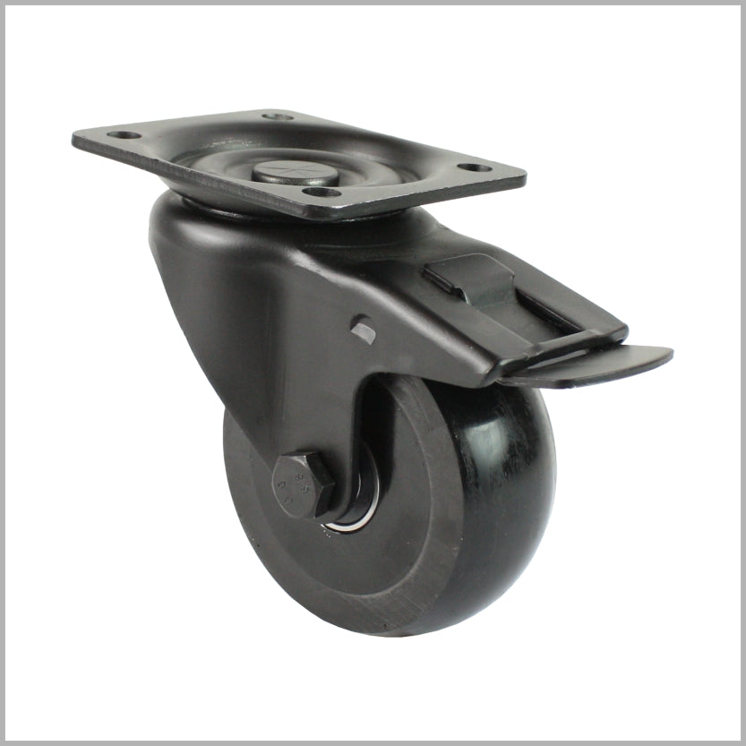 Schwarze Lenkrolle 80 mm mit Feststeller, PU-Rad ballig und Anschraubplatte 105x80 mm