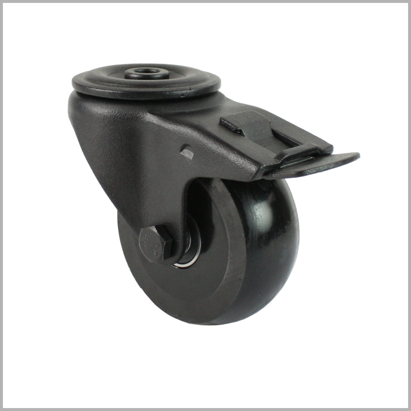 100 mm Zwart Zwenkwiel, Vaste wielrem, Topbevestiging, Polyurethaan wiel ballig - RTB-TSB/6091KBA/100/40