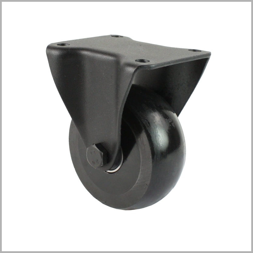 Schwarze Bockrolle 80 mm mit balligem Polyurethanrad, Kugellager und Anschraubplatte 105x80 mm