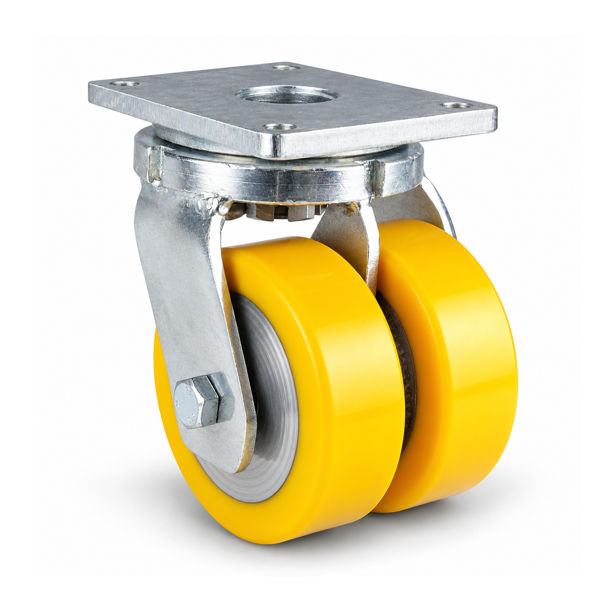 Schwerlast-Lenkrolle Ø 200 mm Doppelrad, Polyurethan gelb flach, verzinktes Stahlgehäuse, 2000 kg – L-MGGS/690KFL/200/50