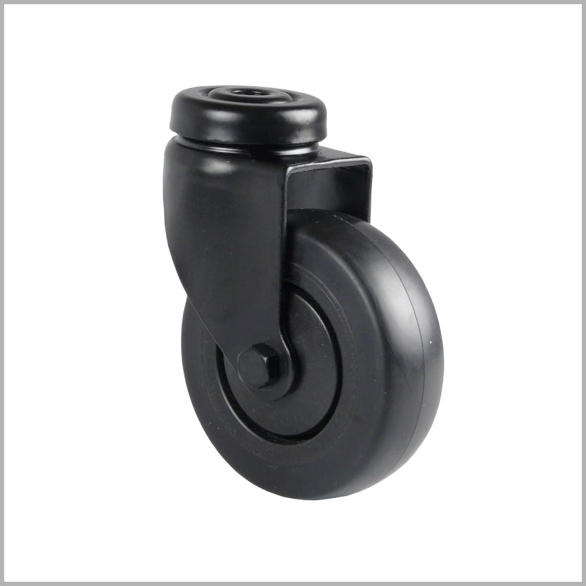 Lenkrolle mit Rückenloch, schwarzes Gehäuse und Rad auf weißem Hintergrund.