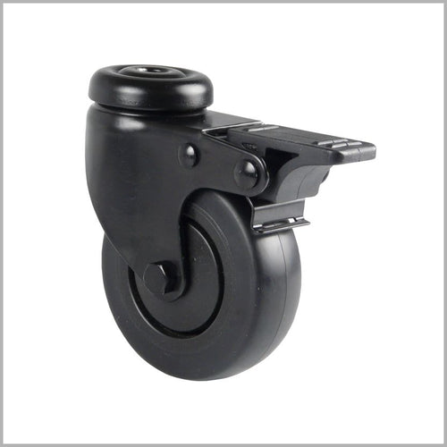 Schwarze Lenkrolle mit Rückenloch und Feststeller für Ladenbau und Bühnenbau. Der Hebel zum Feststellen des Rades ist aus schwarzem Kunststoff