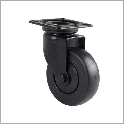 Schwarze Lenkrolle für Bühnen, Theater mit Anschraubplatte 60 x 60 mm, schwarz beschichtetes Gehäuse mit schwarzem Rad.